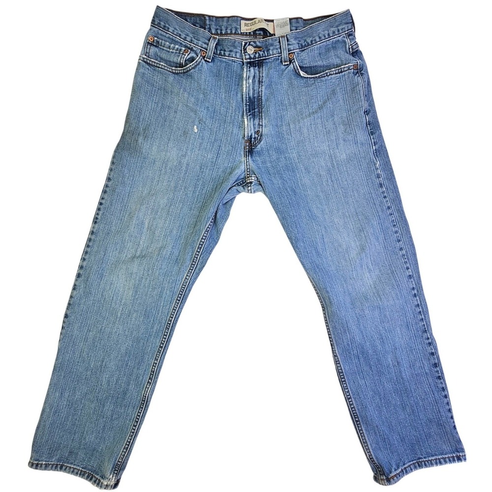 Levis 505 Regular Fit Mens Jeans 36x30 Blue Medium Wash Distressed 505-0216